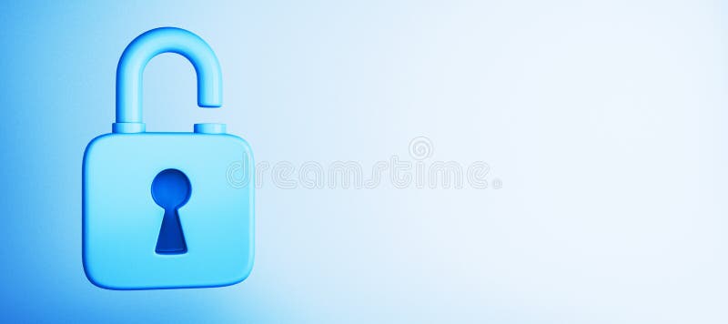 Blue open padlock on a light gradient background. 3D Rendering stock illustration