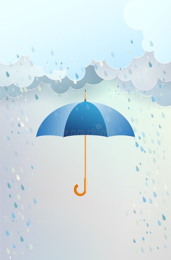 Blue Opened Umbrella and Clouds with Rain Stock Vector Illustration