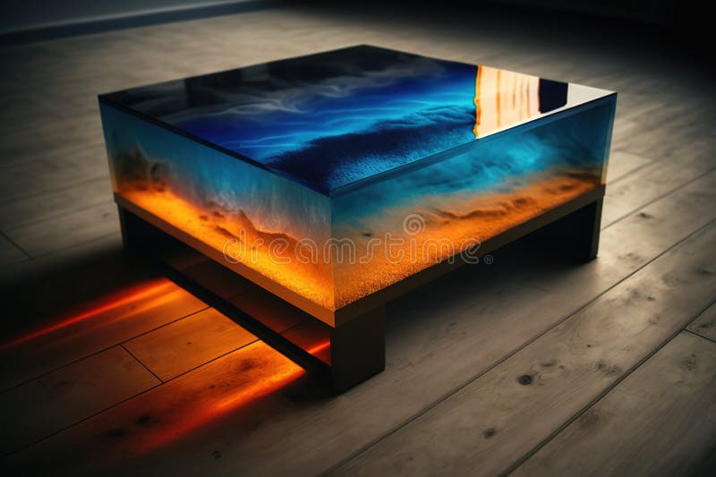 Blue and orange epoxy resin kitchen countertops. Generative AI