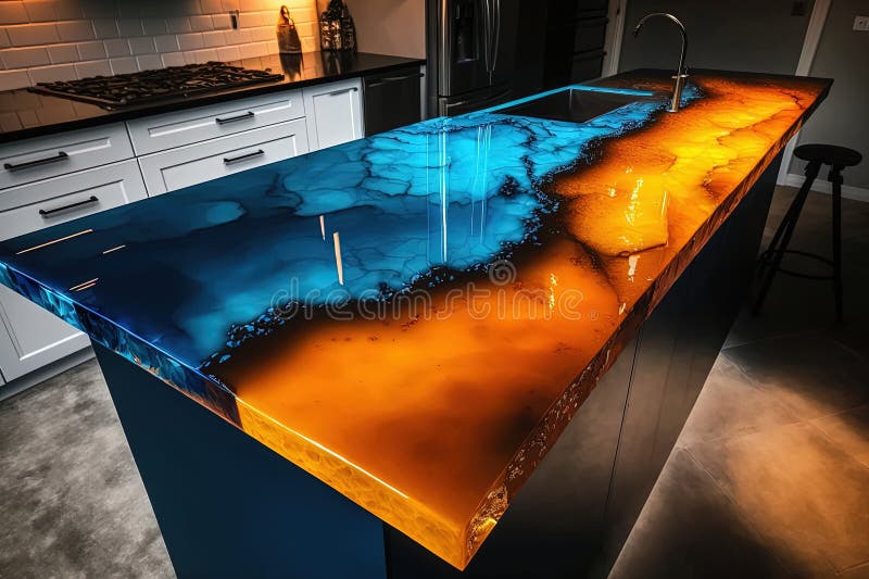 Red epoxy resin kitchen countertops. Generative AI. Stock Illustration