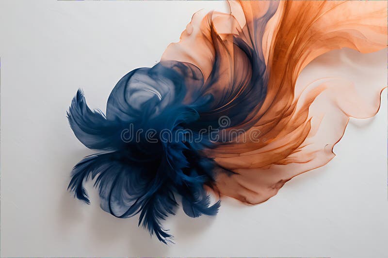 A blue and orange feather on a white surface stock illustration