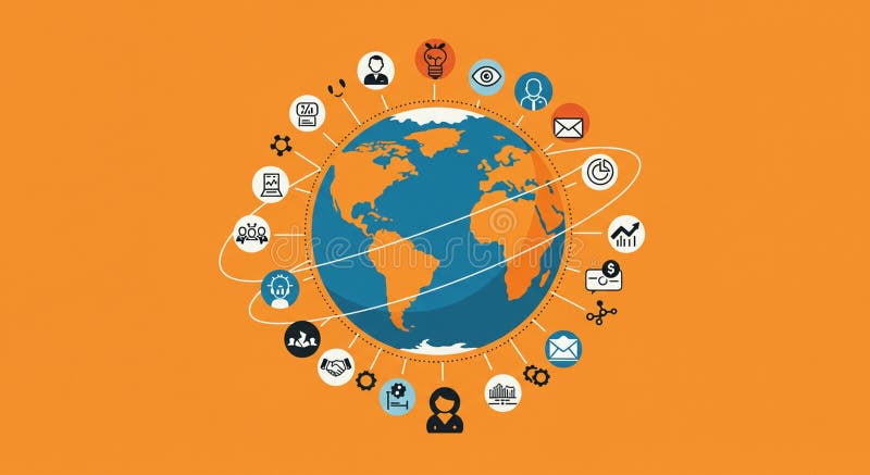 A blue and orange globe centered against an orange background is surrounded by stock illustration
