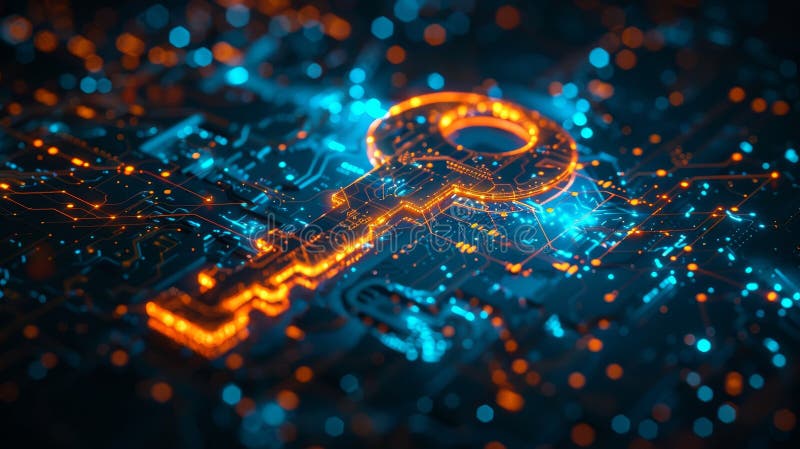 Blue and orange lit key on a digital circuit, highlighting cybersecurity, encryption, technology, secure access royalty free stock image