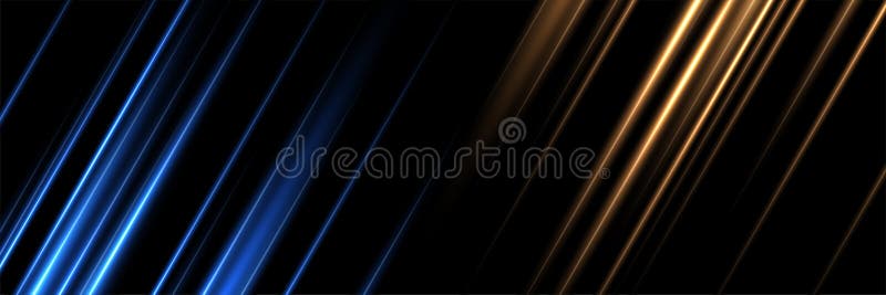 Blue and orange neon diagonal light beams on black background. Glowing futuristic lines with motion blur and gradient reflections royalty free illustration
