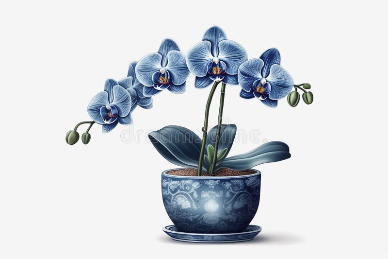 Blue Orchid in a Pot on a White Background. 3d Illustration Stock