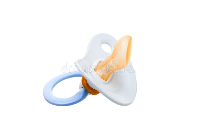 A Blue Pacifier with a Bite for Babies Made of Soft Silicone. Stock