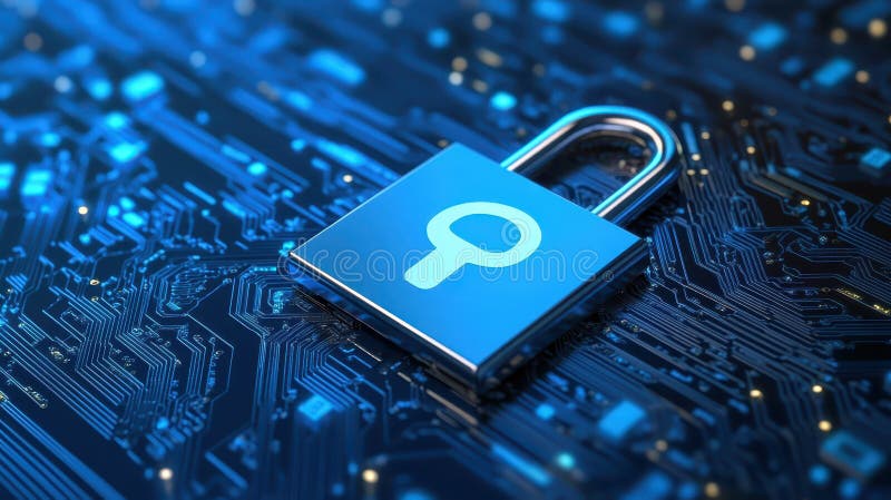 Blue padlock on circuit board, symbolizing data security and network protection in the digital age vector illustration
