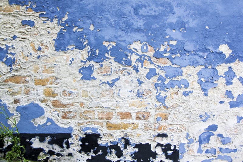 Blue Brick Wall with Peeling Paint Background Texture Stock Photo