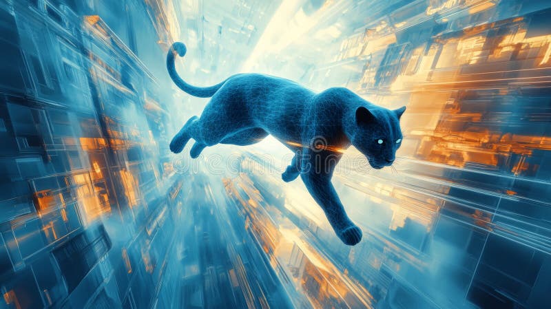 Blue Panther Leaping Through Futuristic Cityscape vector illustration