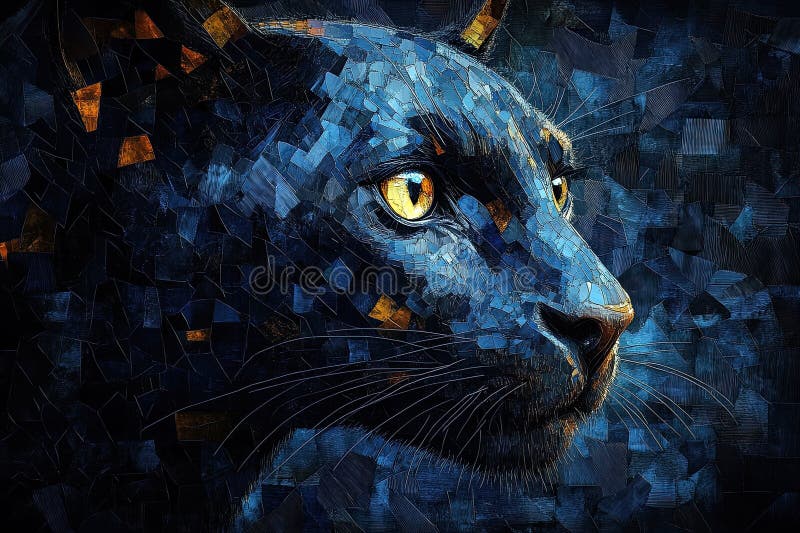 Blue panther portrait in geometric mosaic digital art. royalty free illustration