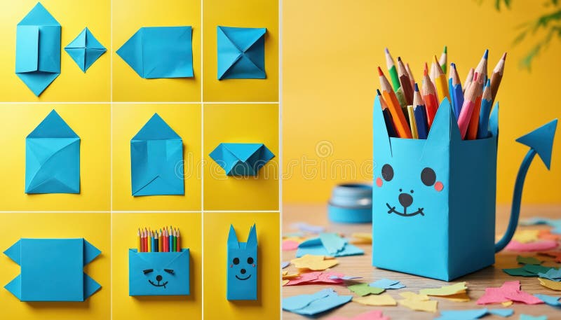 Blue paper origami tutorial shows folding steps to create fun monster. Cute handmade devil box holds colored pencils on wooden stock illustration