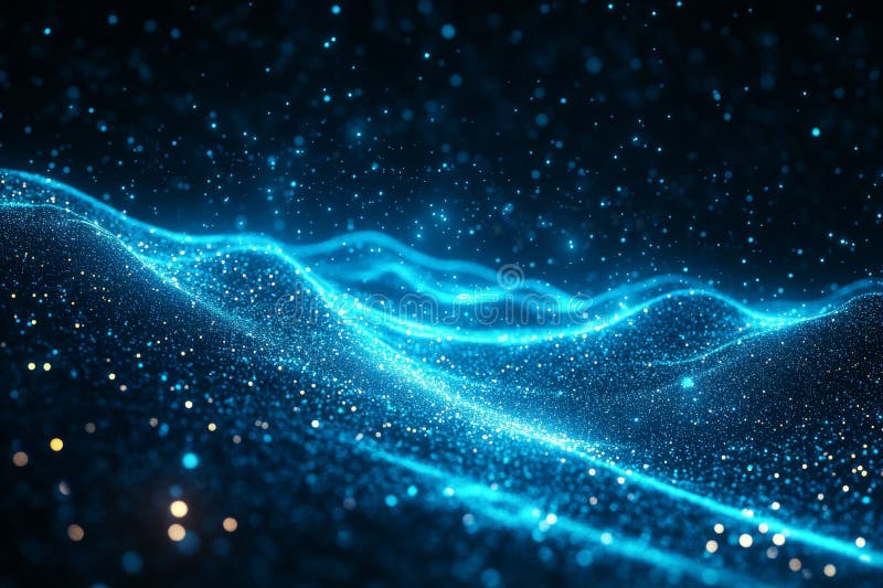 Blue particle waves abstractly moving smoothly against a dark backdrop royalty free stock photos