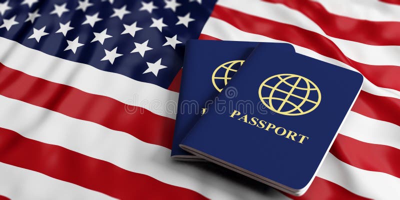 Travelling to USA. Two blue passports on US of America flag background. 3d illustration. Travelling to USA. Two blue passports on US of America flag background. 3d illustration