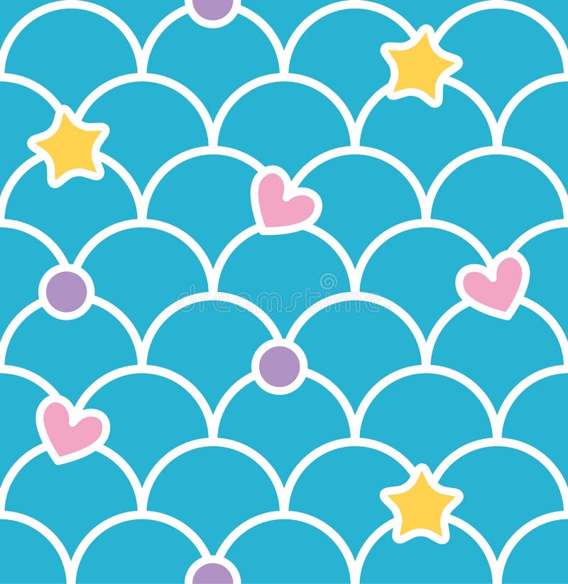 Blue pastel cute scale seamless pattern with hearts and stars