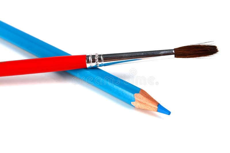 Blue pencils and brush for paints
