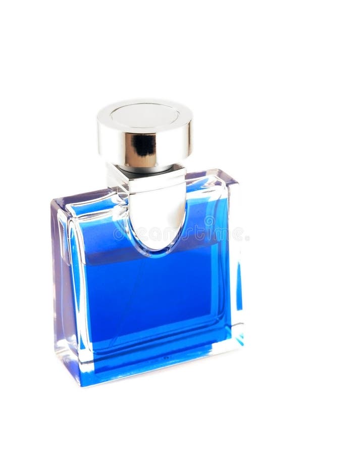 An elegant blue perfume bottle.