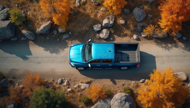 A blue pickup truck climbs a mountain path vector illustration