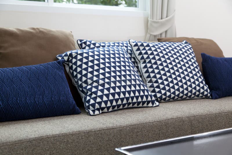 Blue Pillows on Sofa at Home Stock Image Image of background