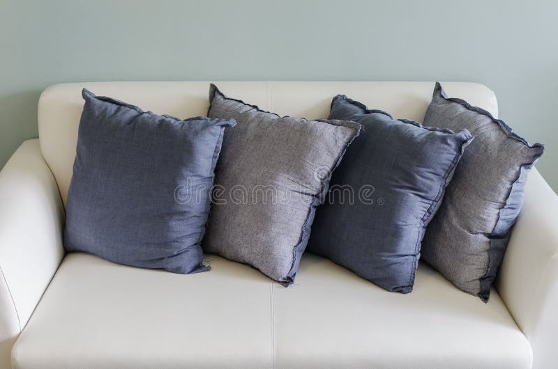 Blue Pillows on Modern Grey Sofa Stock Image Image of decoration