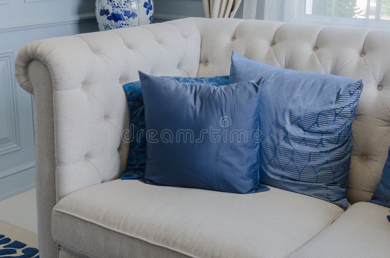 Blue Pillows on Modern Grey Sofa Stock Image Image of decoration