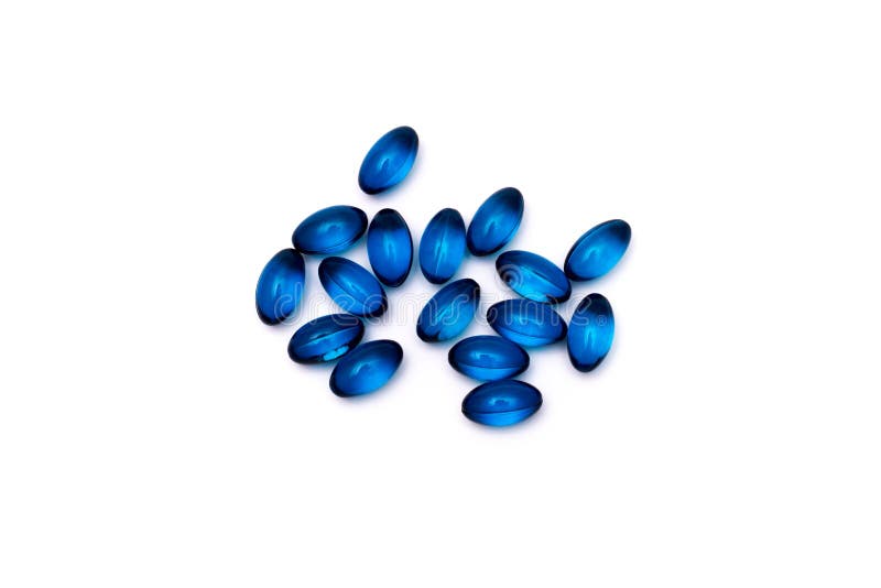 Blue pills isolated on white background.