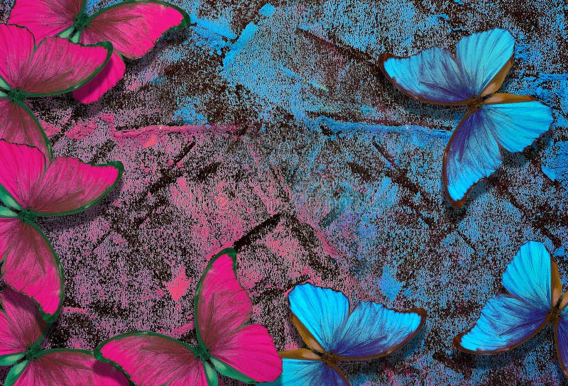 Blue and Pink Abstract Background. Bright Morpho Butterflies on Blue