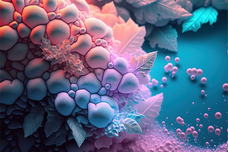 A Blue and Pink Background with Flowers and Leaves on it Stock