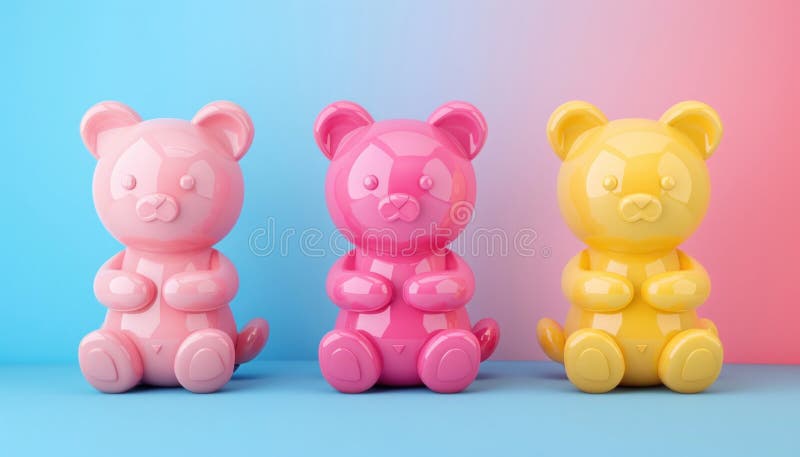 A blue and pink background showcases three colorful gummy bears arranged in a row royalty free stock photography