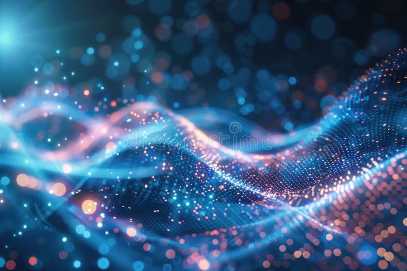 Blue and pink glowing particles form an abstract wave pattern on a black background. A captivating wave pattern of glowing blue and pink particles that move and flow, creating depth and mesmerizing movement. AI generated