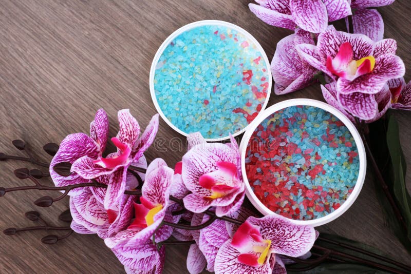 Blue and Pink Sea Salt and Pink Orchid, Spa, Top View Stock Photo