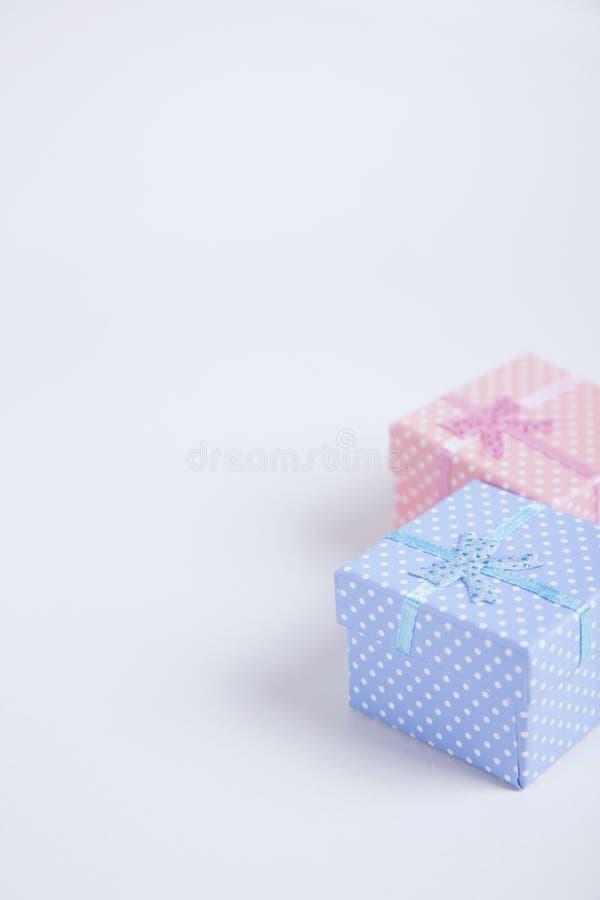 Blue Pink Spotted Squared Gift Boxes White Background Stock Photos