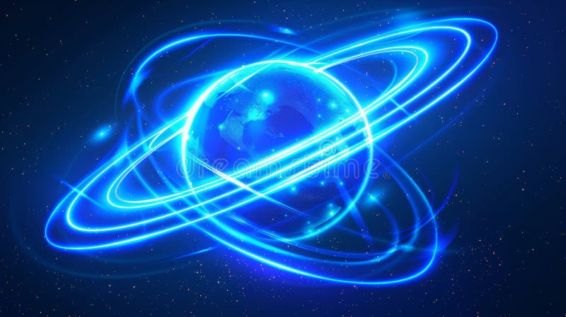 A blue planet ring neon light effect and a circle line sparkle. Modern illustration of a space curve orbit. Abstract stock photos