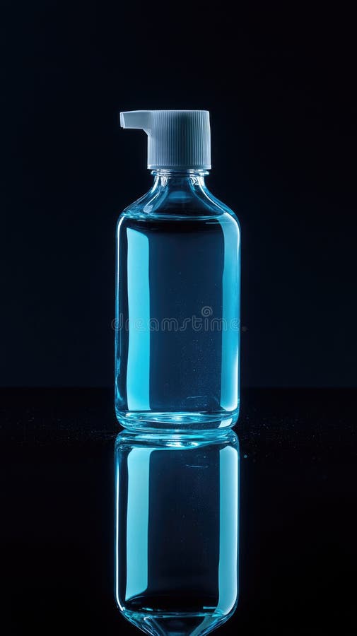 A blue plastic bottle with a white cap sitting on a black surface royalty free stock photography