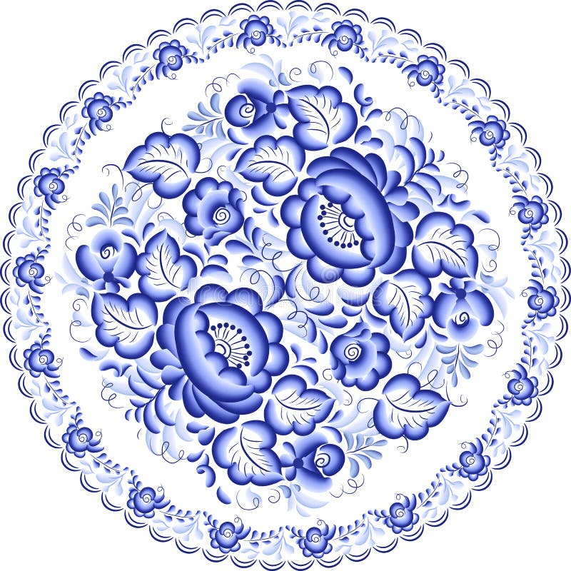 Blue plate with floral ornament in gzhel style