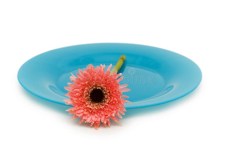 Blue plate with flower isolated on the white