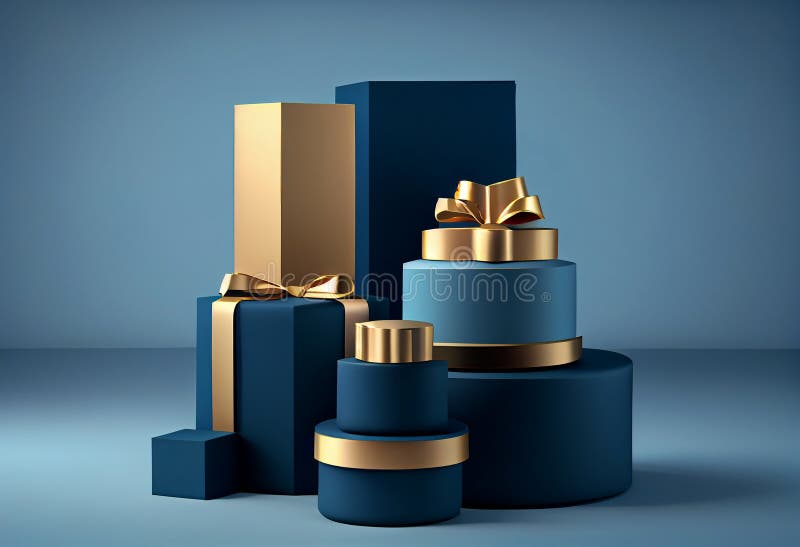 Blue Podium with Blue Gift Boxes and Gold Ribbon on Blue Studio