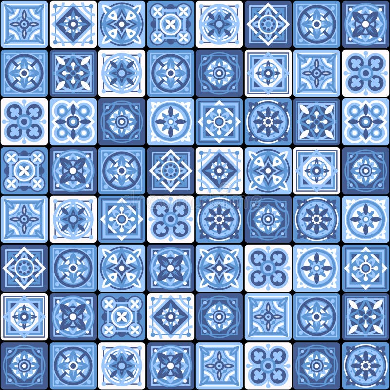 Blue Portuguese Ceramic Mosaic Tile Floral Seamless Pattern. Vector illustration