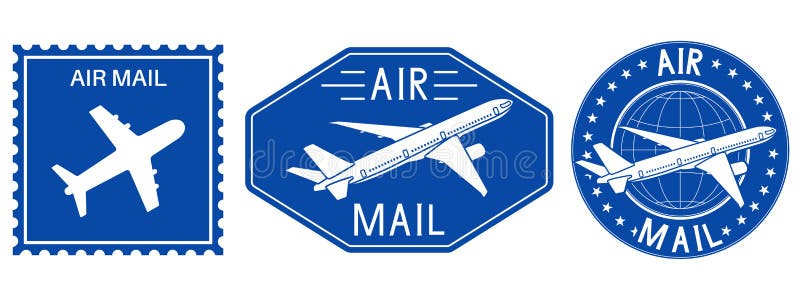 Blue postal stamps. Air mail sign with plane royalty free illustration Blue postal stamps. Air mail sign with plane royalty free illustration