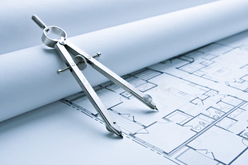 Blue Print Floor Plans with Drawing Compass royalty free stock photo
