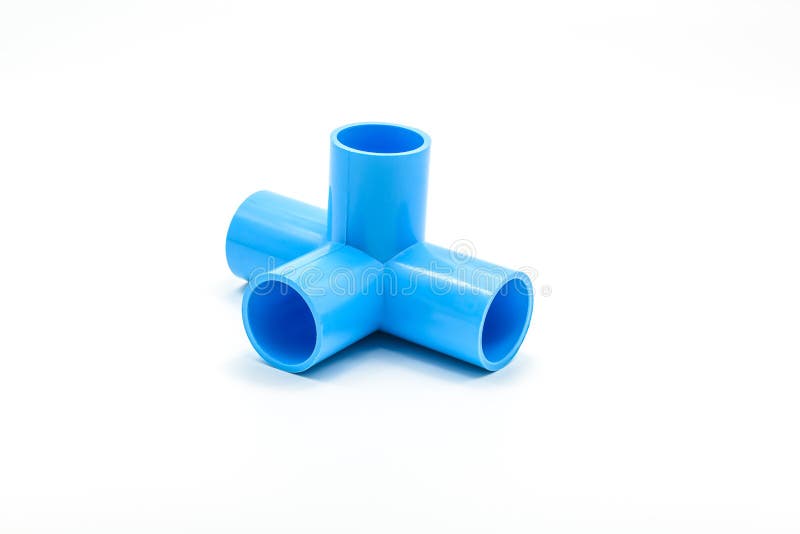 Blue Pvc Pipe Connection with Valve Isolated on White Stock Photo