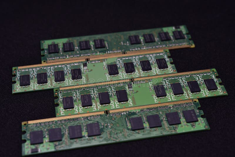 Blue RAM Bars on a Black Background. Computer Memory Chips Stock Photo