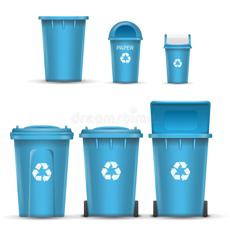 Blue Recycling Bin Bucket Vector For Paper Trash. Opened And Closed. Front View. Sign Arrow. Isolated Illustration stock illustration Blue Recycling Bin Bucket Vector For Paper Trash. Opened And Closed. Front View. Sign Arrow. Isolated Illustration stock illustration