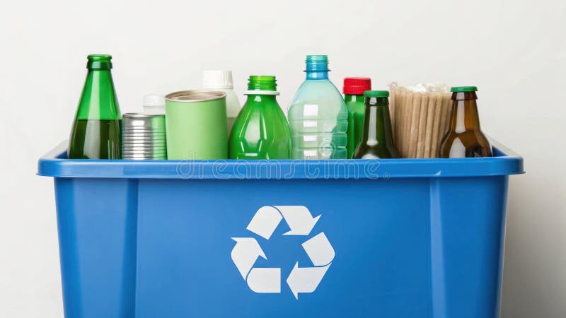 Blue recycling bin filled with bottles cans and paper products for processing stock illustration