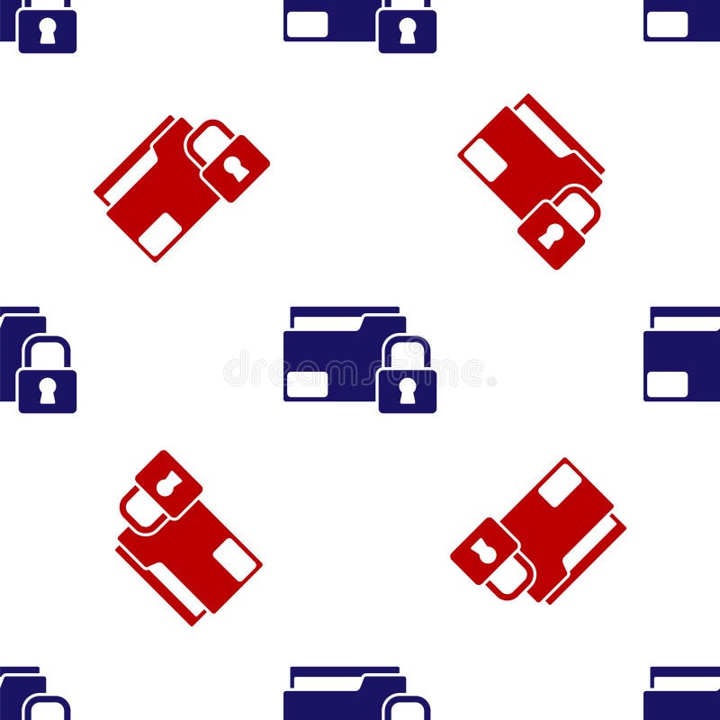 Blue and red Folder and lock icon isolated seamless pattern on white background. Closed folder and padlock. Security vector illustration