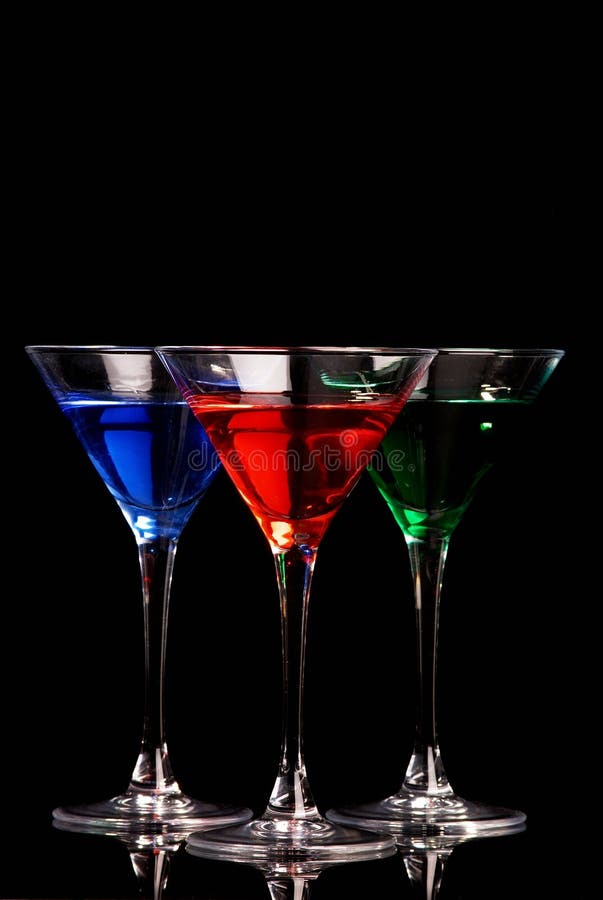 Blue, red, and green cocktails