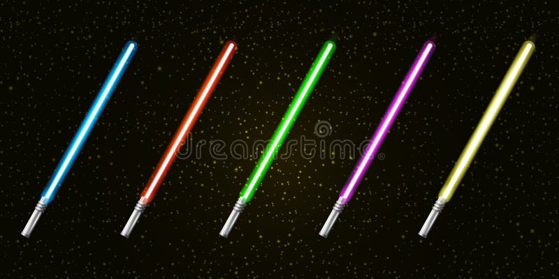 Blue, red, green, pink and yellow laser sword lightsaber set isolated on starry black galaxy background. May the 4th be