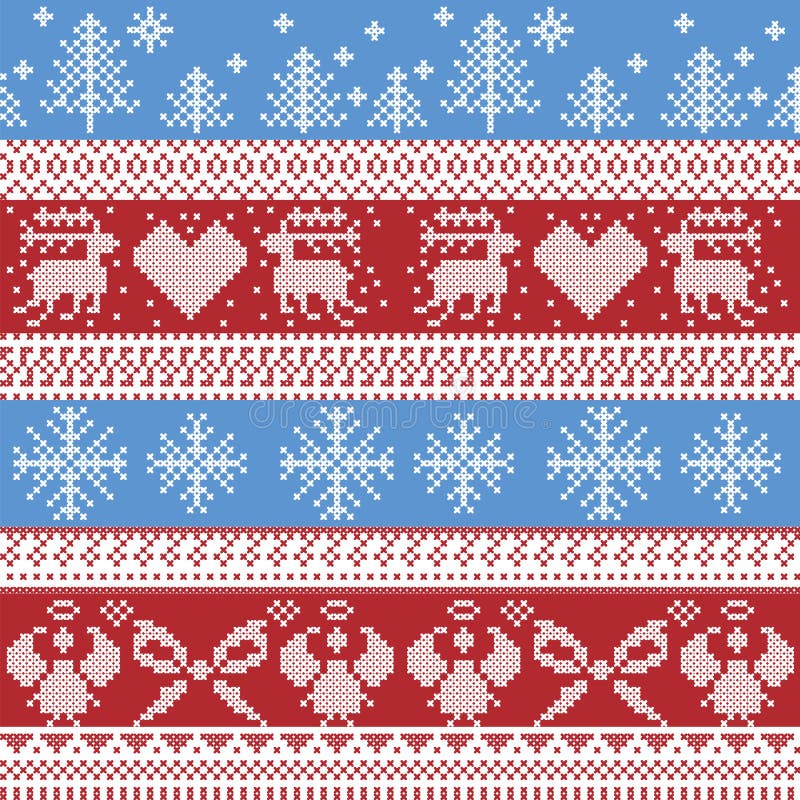 Blue and red Nordic Christmas winter pattern with reindeer,rabbits, Xmas trees, angels, bow in Scandinavian style cross stitch