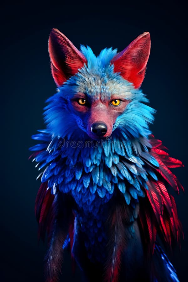 A Blue and Red Wolf Covered in Peacock Feathers Stock Illustration