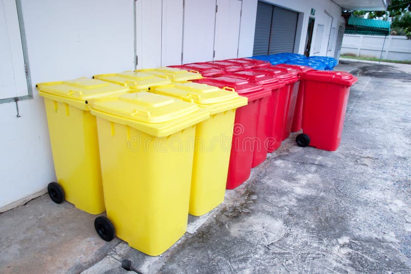 Blue red yellow bins stock photo. Image of ideasreuse 59912204