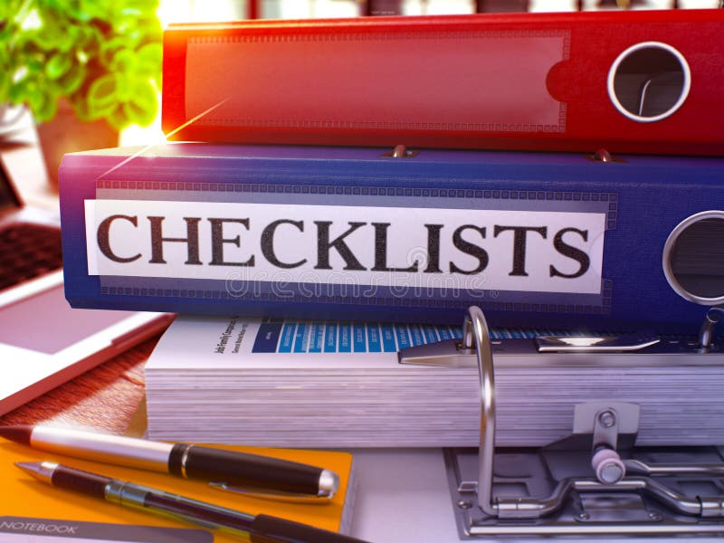 Blue Ring Binder with Inscription Checklists.